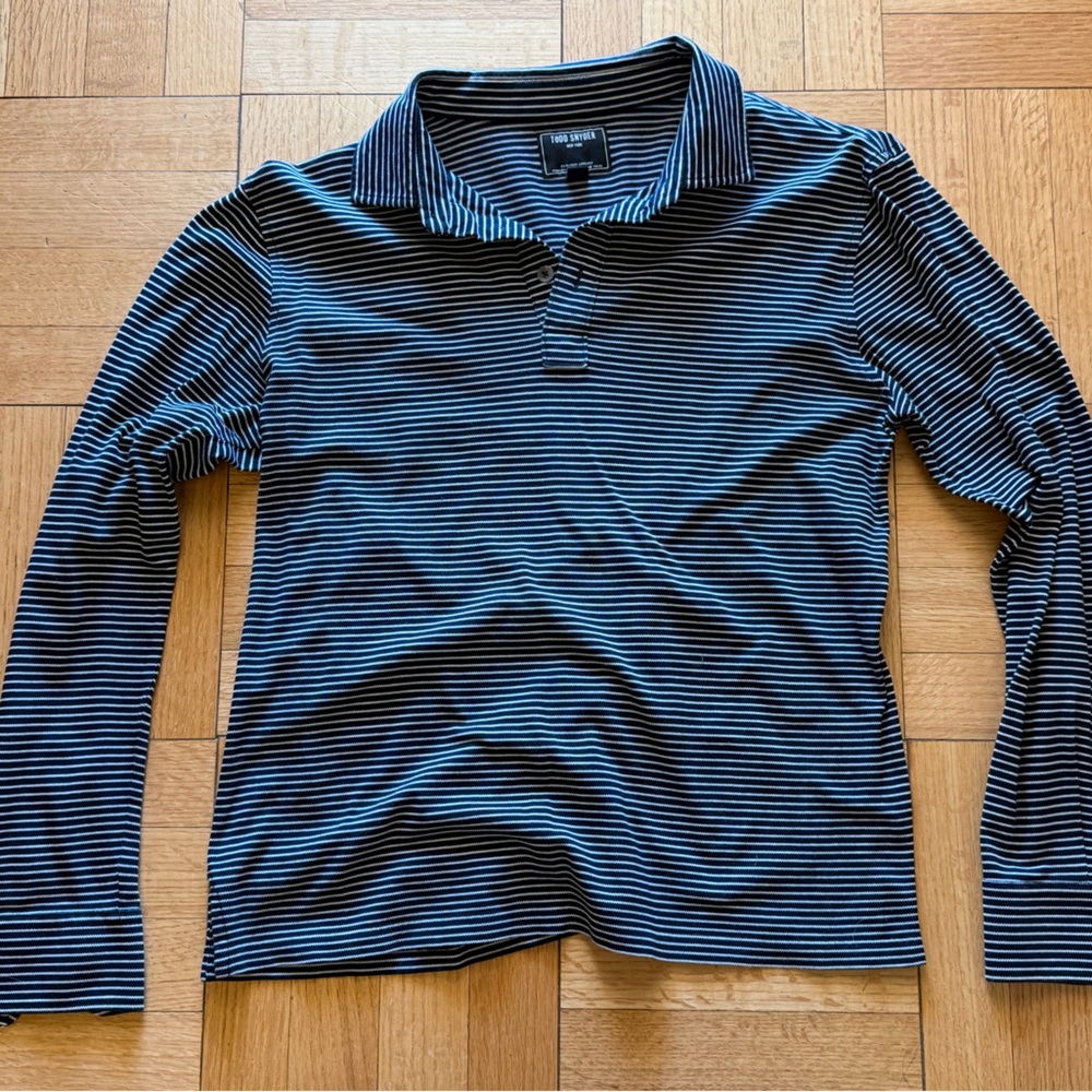 Todd Snyder Navy and White Striped Collared Long Sleeve Shirt